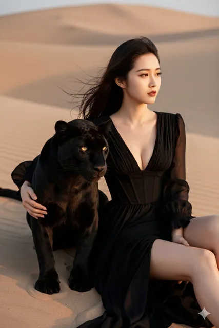 A hyperrealistic portrait of a woman sitting on sandy dunes with a black panther leaning against her, wearing a black corset dress with a deep V-neck and translucent sleeves, in soft golden hour light with a blurred background.