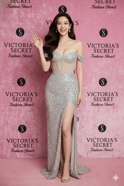 An ultra-realistic portrait of a stunning fair-skinned woman with long wavy hair, wearing a shimmering silver off-the-shoulder gown, standing confidently on a pink carpet with the Victoria's Secret Fashion Show 2025 logo in the background.