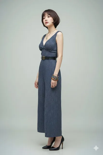 A hyper-realistic full-body fashion studio portrait of a young East Asian woman with a dark brown bob hairstyle, wearing a navy blue and white polka dot jumpsuit, standing against a light gray background with soft lighting.