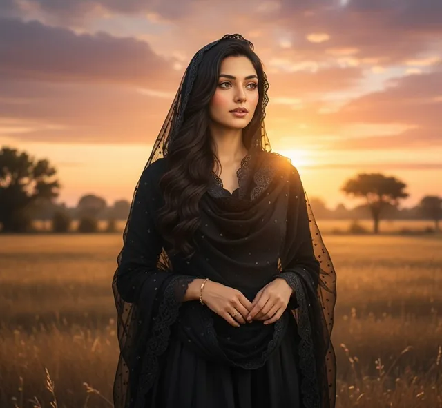 An ultra-realistic portrait of a beautiful young woman standing in an open field during sunset golden hour, wearing a traditional black outfit with a delicate dupatta draped over her head, featuring natural glowing skin and a calm expression in warm golden light with a blurred rustic background.