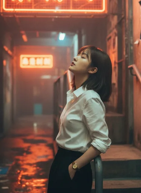 A cinematic portrait of a young East Asian woman in a narrow Hong Kong-style alley with aged concrete walls, torn posters, and a glowing red-orange neon sign casting warm light, captured in a moody, nostalgic 90s aesthetic with shallow depth of field.