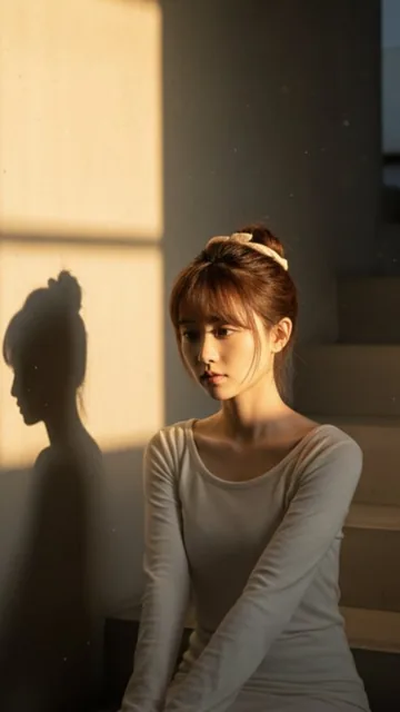 Ultra-realistic vertical photo of a young Chinese-Asian woman sitting on indoor stairs next to a matte concrete wall, with a beam of golden sunlight from a window casting a crisp shadow silhouette inside a bright frame.