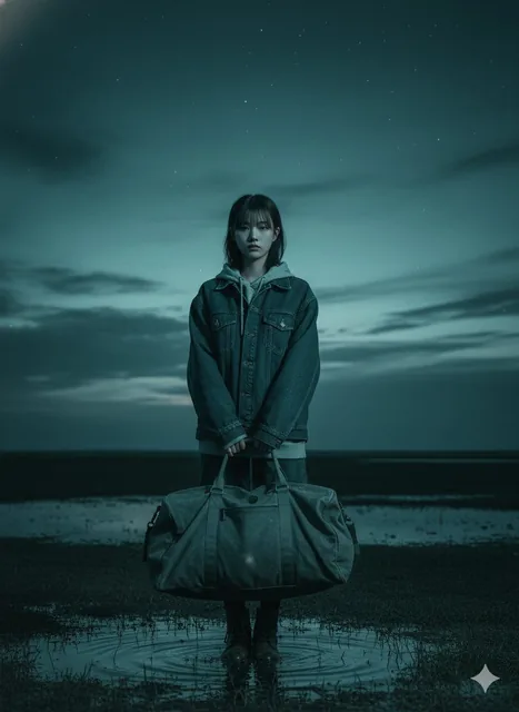 A solitary figure stands on wet grass at dusk holding a large duffel bag, with a cinematic teal tone creating a deep moody atmosphere, cool gradients in the sky, water, and fabric, and subtle highlights from left lighting.