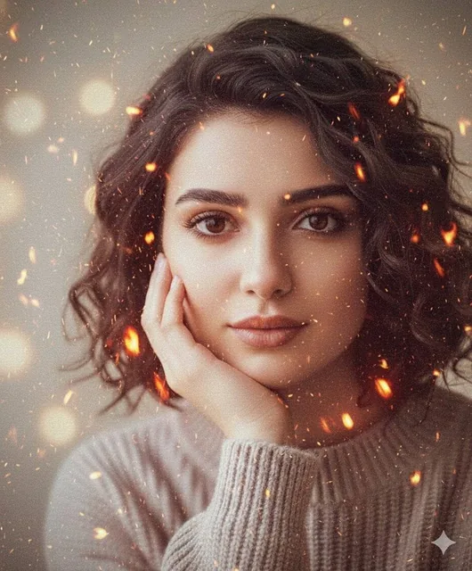 A young woman with dark curly hair sits on a plush couch, holding a mug and wearing a light knit sweater and black pants, looking thoughtfully at the viewer with a soft background of out-of-focus lights and floating fire embers.