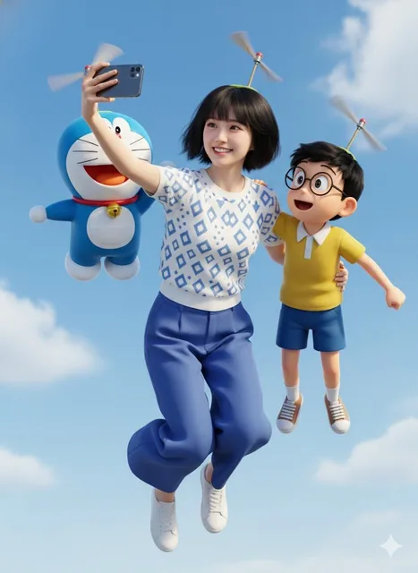 Ultra-realistic 4K cinematic photo of a person smiling and taking a full-body selfie mid-air beside Doraemon and Nobita, who are flying using bamboo propellers on their heads, with natural fabric motion and vivid cartoon styling.