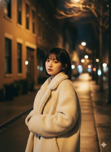 A young woman in an oversized fuzzy coat stands on a quiet city street at night, gazing directly at the camera in a medium shot, illuminated by soft warm streetlight that casts a gentle glow on her face, captured in a cinematic style with subtle film grain and rich warm tones.