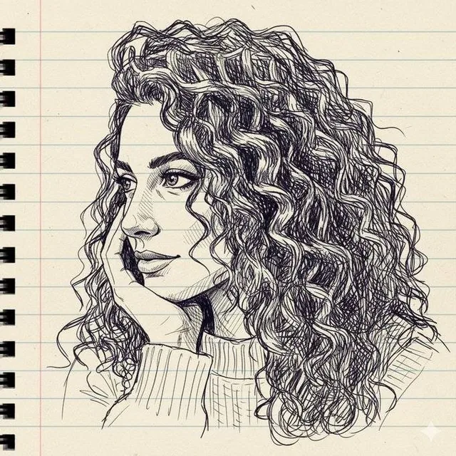 A detailed black ink sketch of a woman with long curly hair looking thoughtfully into the distance, drawn on lined notebook paper with spiral binding, showing clear lines and subtle paper imperfections.