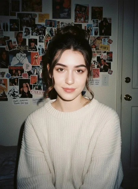 A beautiful young woman with porcelain-white skin and messy dark brown hair tied up, wearing a modern oversized cream sweater, posing with a calm playful smile in front of a dark white wall covered with aesthetic magazine posters and stickers under dim lighting, captured with a 1990s-style camera an