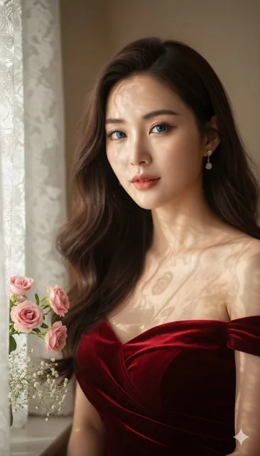 A stunning portrait of a woman with long dark hair and striking blue eyes, wearing an elegant off-shoulder red dress, with sunlight streaming through a lace curtain casting intricate shadow patterns on her face and shoulders, surrounded by pink roses and baby's breath flowers in a soft, romantic set