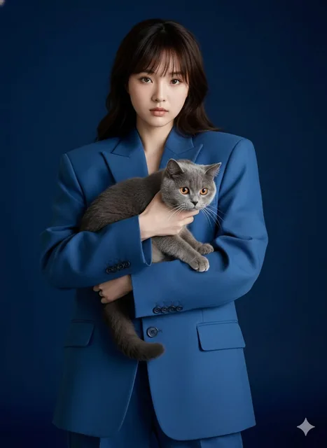 A high-fashion editorial portrait of a young woman in an oversized blue suit against a dark blue background, gently holding a British Shorthair grey cat, shot with a 50mm lens, f/2.2 aperture, ISO 200 in a studio with soft cinematic lighting and rich color grading.