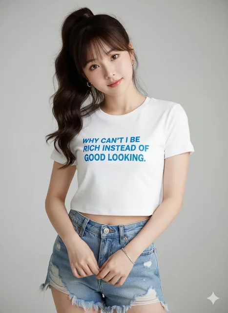 A hyperrealistic studio portrait of a young woman with dark brown wavy hair in a high ponytail, wearing a white cropped t-shirt with blue text and distressed denim shorts, set against a light grey backdrop with soft lighting.