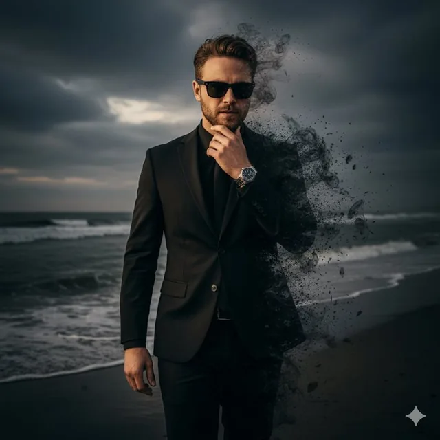 A stylish man in a black suit and sunglasses walks alone on a dark beach at sunset, touching his chin thoughtfully, with his right side dissolving into black smoke against a cloudy sky and soft golden light highlighting his face and watch.