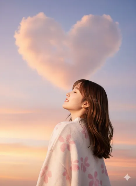 A realistic high-resolution photo of a woman with her back to the camera, wearing an oversized white sweater with abstract baby pink floral pattern, flawless makeup, eyes closed, chin lifted, and a subtle sweet smile, set against afterglow skies with a natural-looking heart-shaped cloud, taken from