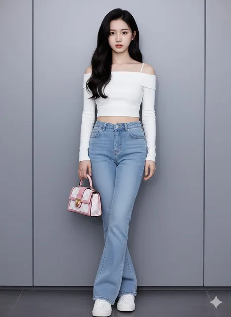 A stylish young woman posing against a modern gray paneled wall in a full-body shot, standing casually with one leg crossed, wearing a chic off-shoulder white crop top, light blue flared jeans, and white sneakers, holding a pink and white designer handbag with long wavy hair styled over one shoulder