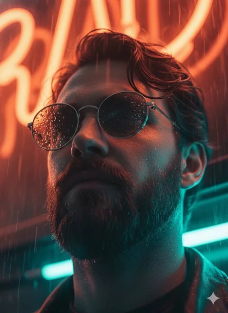 A moody cinematic low-angle close-up portrait of a man with dark wavy hair and a beard, wearing round sunglasses covered in glistening water droplets, looking upwards under dramatic contrasting neon lights with a vibrant out-of-focus red-orange neon sign and cool teal illumination.