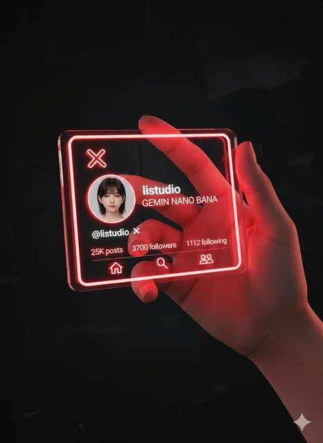 Ultra-realistic 3D digital rendering of a futuristic X profile card held by a female hand, featuring glossy transparent glass with dark red neon borders that emit intense light, reflecting on the hand's skin, set against a very dark background with subtle textures.