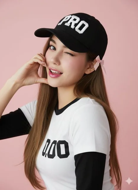 A young Asian woman in a black baseball cap with PRO and a white shirt with 0.00, posing confidently with a wink and smile, long brown hair with pink bow, bright makeup with gray lenses and pink blush, soft pink background in cinematic style.