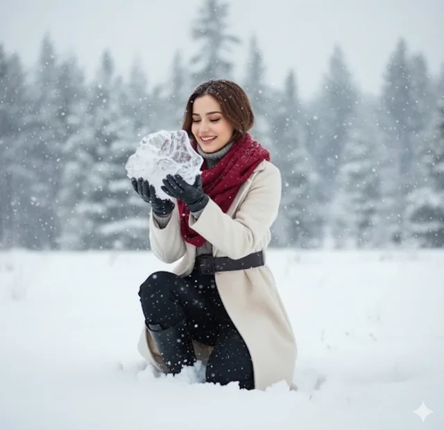 A beautiful woman with a warm smile, wearing a cream coat, red scarf, and black gloves, kneeling in a snowy forest while holding a large clear piece of ice and looking at it with fascination, with snow-covered pine trees and gently falling snow in the background, captured in professional photography