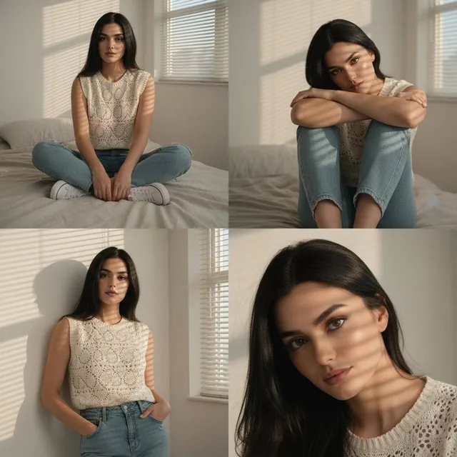 A soft, dreamy 4-photo collage of a young woman with long black hair in a modern bedroom, wearing a crochet top and jeans, captured in relaxed poses with warm sunlight and soft shadows.