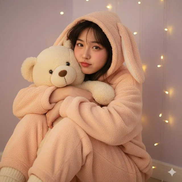 An East Asian woman with messy dark hair and sleepy eyes sits on the floor in a cozy bedroom, wearing a pastel peach fleece pajama set with bunny ears hood, hugging a large teddy bear, illuminated by soft fairy lights against a lavender wall.