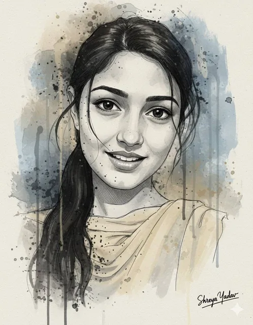 A vertical 3:4 digital portrait using uploaded photo as subject, featuring ink splashes and painterly abstraction with illustrative sketch realism, medium close-up framing, subtle half-quarter turn, calm intense direct gaze, crisp linework on eyes, brows, and mouth, and loose wind-tossed hair strand