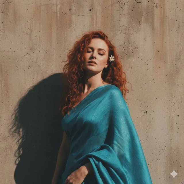 A retro vintage grainy but bright image of a red-haired woman with a small flower tucked in her curls, standing against a solid wall with dramatic shadows and contrast, wearing a perfect blue Pinteresty aesthetic saree in a windy environment with closed eyes, evoking a 90s movie baddie and romantic