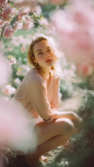 A graceful woman sitting in soft sunlight surrounded by out-of-focus pink blossoms, with ethereal pastel tones, film grain, and subtle motion blur, evoking a dreamy and realistic atmosphere.