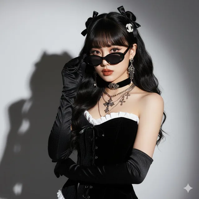 A hyperrealistic studio portrait of a young East Asian woman with fair luminous skin, wearing a black velvet corset top, long satin gloves, and Chanel-inspired accessories, captured with dramatic chiaroscuro lighting and sharp focus in a professional setting.