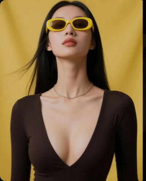 A high-fashion studio portrait of a slender woman in a close-up bust shot, wearing large yellow sunglasses and a dark V-neck top, with flowing black hair against a vibrant yellow background, exuding confidence and sensuality.