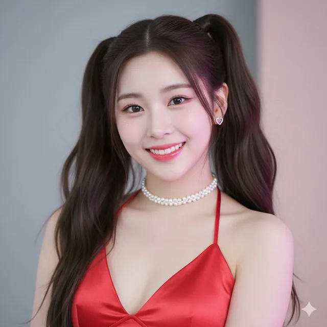 Extreme close-up portrait of a young East Asian female K-Pop idol with flawless glass skin, smiling directly at the camera, wearing a red satin halter top and pearl choker, set against a soft blurred background with diffused lighting.
