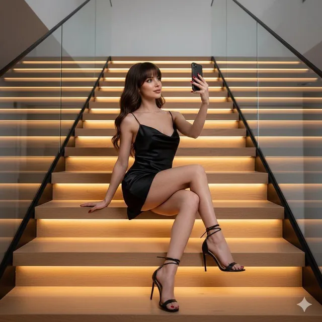 A stunning young woman in a black satin mini dress sits on a backlit wooden staircase, taking a selfie with her smartphone while crossing her legs in strappy stiletto heels, set in a modern minimalist interior with soft lighting and shallow depth of field.