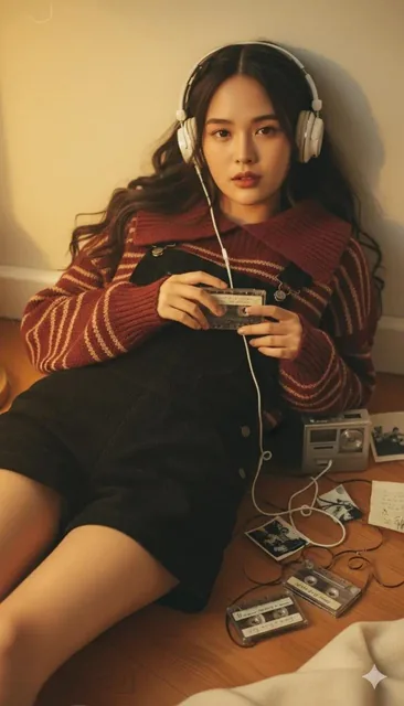 A young person lying on a wooden floor with eyes closed, wearing headphones, surrounded by scattered papers, books, old cassette tapes, a Walkman, and vintage posters, featuring dreamy cinematic lighting and a cozy moody editorial style in warm tones with ultra-realistic 8k detail.