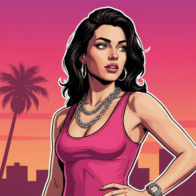 A stylized half-body portrait of an individual in a Grand Theft Auto-inspired digital art style, wearing an outfit as uploaded, gazing subtly upward to the right with a confident and aloof expression against a vibrant pink and orange sunset sky with a silhouetted palm tree on the left, enhanced by d