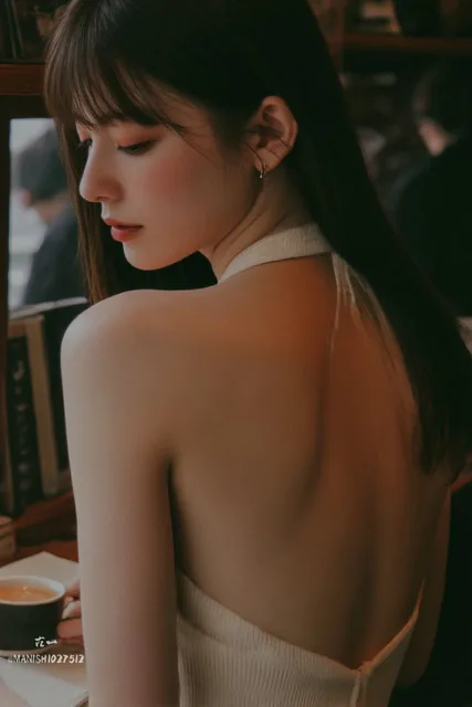A candid rear over-the-shoulder view of a graceful girl sketching in a cafe, with long straight hair and tucked bangs, wearing a backless halter dress, coffee cup and patrons blurred in the background under soft afternoon window light.