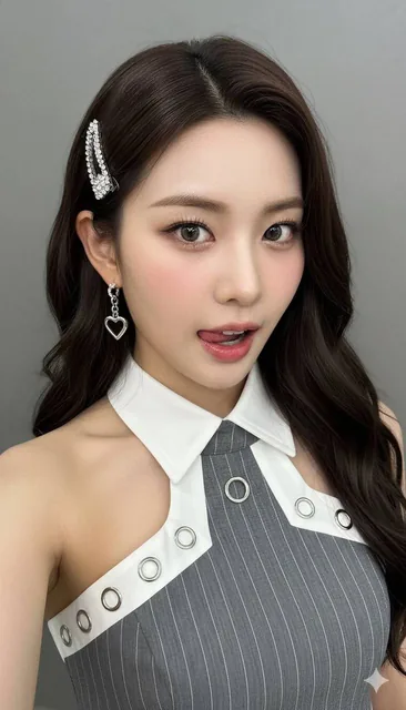 Extreme close-up portrait of a young East Asian female K-Pop idol with flawless glass skin, glossy pink lips, and a playful expression, wearing a grey pinstriped halter top and silver accessories, set against a blurred neutral background with soft studio lighting.