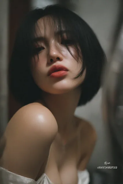 A close-up candid shot of a woman with a short bob haircut and layered bangs applying makeup in a vanity mirror, featuring dewy skin, pouty lips, and a silky robe slipping slightly, set in soft bathroom lighting with steam haze for a personal morning routine atmosphere.