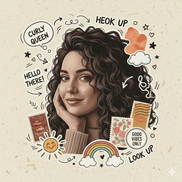 A vibrant digital illustration of a young woman with voluminous curly hair, styled like a chalkboard drawing with colorful doodles, stickers, rainbows, a smiling sun, and abstract shapes on a textured recycled paper background.