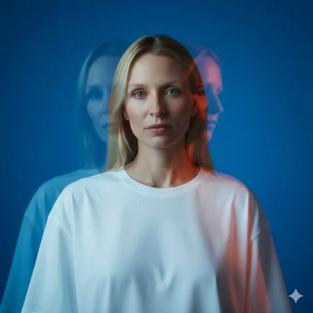A cinematic half-body fashion portrait with dreamy editorial aesthetics, featuring motion blur effects, multiple exposures creating a ghostly effect, and vertical strokes overlaid on the figure against a clean solid blue gradient background from deep blue to light cyan, with high-contrast directiona