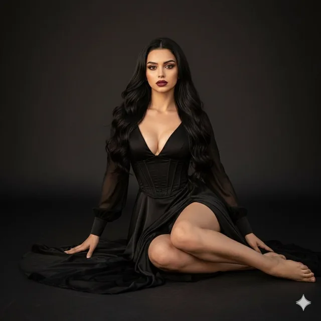 A stunning editorial portrait of a beautiful Indian female model with a toned curvy body and smooth fair skin, seated gracefully on a dark studio floor in a luxurious black satin wrap dress with a deep V-neckline, her long wavy black hair parted in the center.