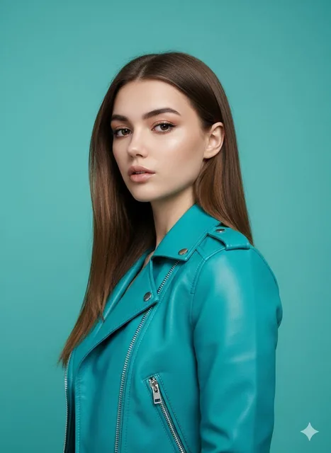 A fashion portrait of a young woman with long straight brown hair wearing a vibrant teal leather moto jacket, posed confidently against a solid teal studio background with soft lighting.
