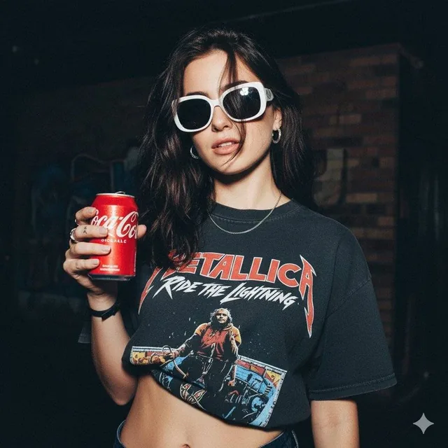A half-portrait of a young woman with long dark hair and white-framed sunglasses, wearing a large black Metallica T-shirt and holding a Coke can, exuding a confident expression in a bright 90s vintage camera aesthetic.