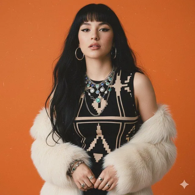 A young woman with long flowing black hair and bangs poses confidently against a bright orange background, wearing a black top with bold beige accents, layered silver and gemstone necklaces, hoop earrings, bracelets, rings, and a fluffy off-white fur jacket draped over her shoulders, with natural ye
