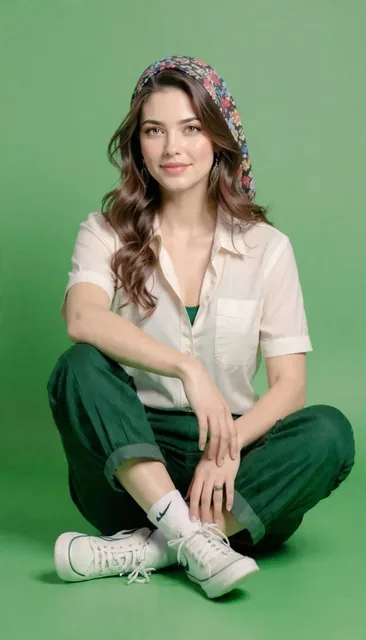 A young woman sitting on the floor against a solid green background, wearing a white short-sleeve button-up shirt over a green top, green pleated pants, and white Nike sneakers with green accents, with a relaxed and friendly expression.