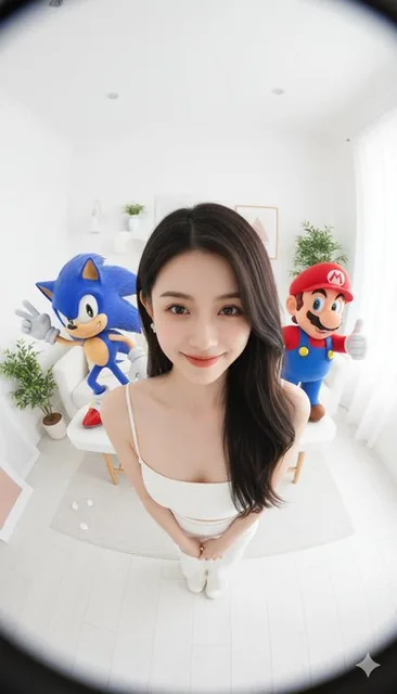 An ultra-realistic vertical selfie with a fisheye lens distortion, featuring the user alongside Sonic and Mario in a bright white-toned living room, captured from a high camera angle with cinematic lighting and stylized anime realism.
