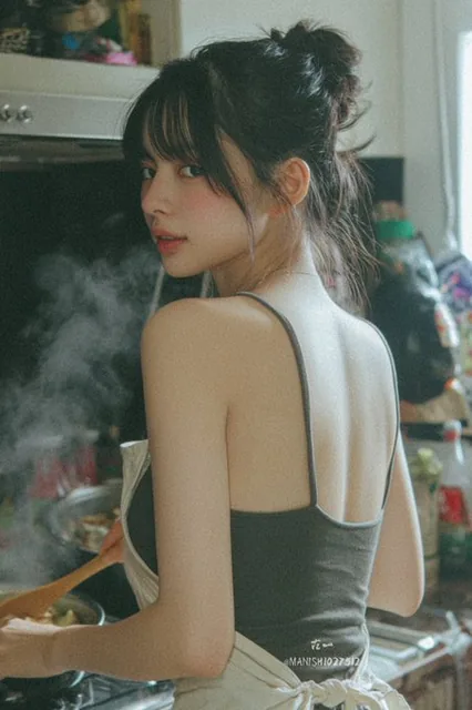 A candid photo of an Asian woman with messy bun and bangs in a home kitchen, wearing an apron over a tank top, stirring a pot with steam rising, captured with natural window light and handheld camera shake.