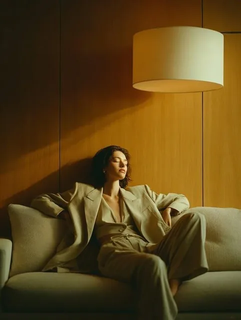 An ultra-realistic editorial photo of a model in an oversized beige suit seated cross-legged on an interior bench by a large glass window, with reflections of trees overlaying the suit silhouette, soft daylight highlighting cheekbones and fabric wrinkles, captured with an 85mm lens at a low angle th