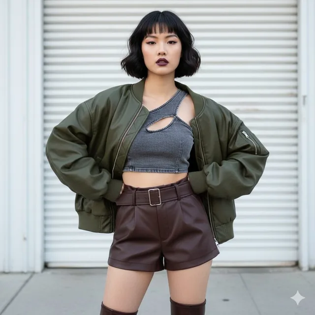 A full-body fashion portrait of a confident East Asian woman in her early 20s, wearing an oversized olive bomber jacket, asymmetrical crop top, and brown faux leather shorts, posing outdoors against a white corrugated metal garage door in soft natural lighting.