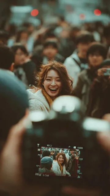 A cheerful Japanese woman smiling brightly in a busy Tokyo crowd, captured through a DSLR camera screen with visible interface lines, focus grid, exposure numbers, and frame marks, featuring shallow depth of field, cinematic tone, soft film grain, and warm natural lighting.
