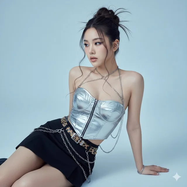 A high-fashion studio portrait of a youthful East Asian female in a futuristic metallic outfit, seated in a relaxed pose against a cool blue gradient background, with soft lighting and edgy aesthetic details.