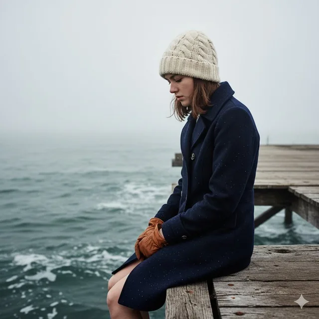 A young woman sits on an old wooden fishing pier with legs dangling over dark churning water, wearing a chunky cable-knit beanie, navy peacoat, and worn leather gloves, enveloped in thick coastal fog under muted diffused light creating an eerie calm atmosphere.
